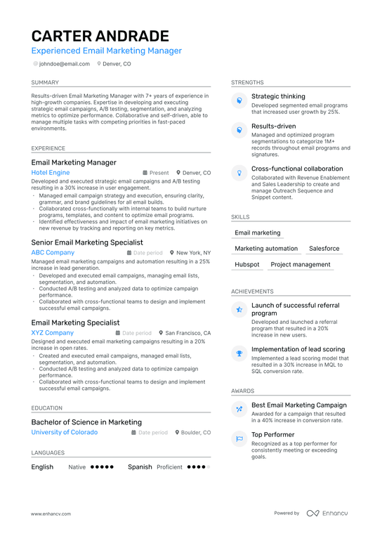 Email Marketing Manager Resume Example