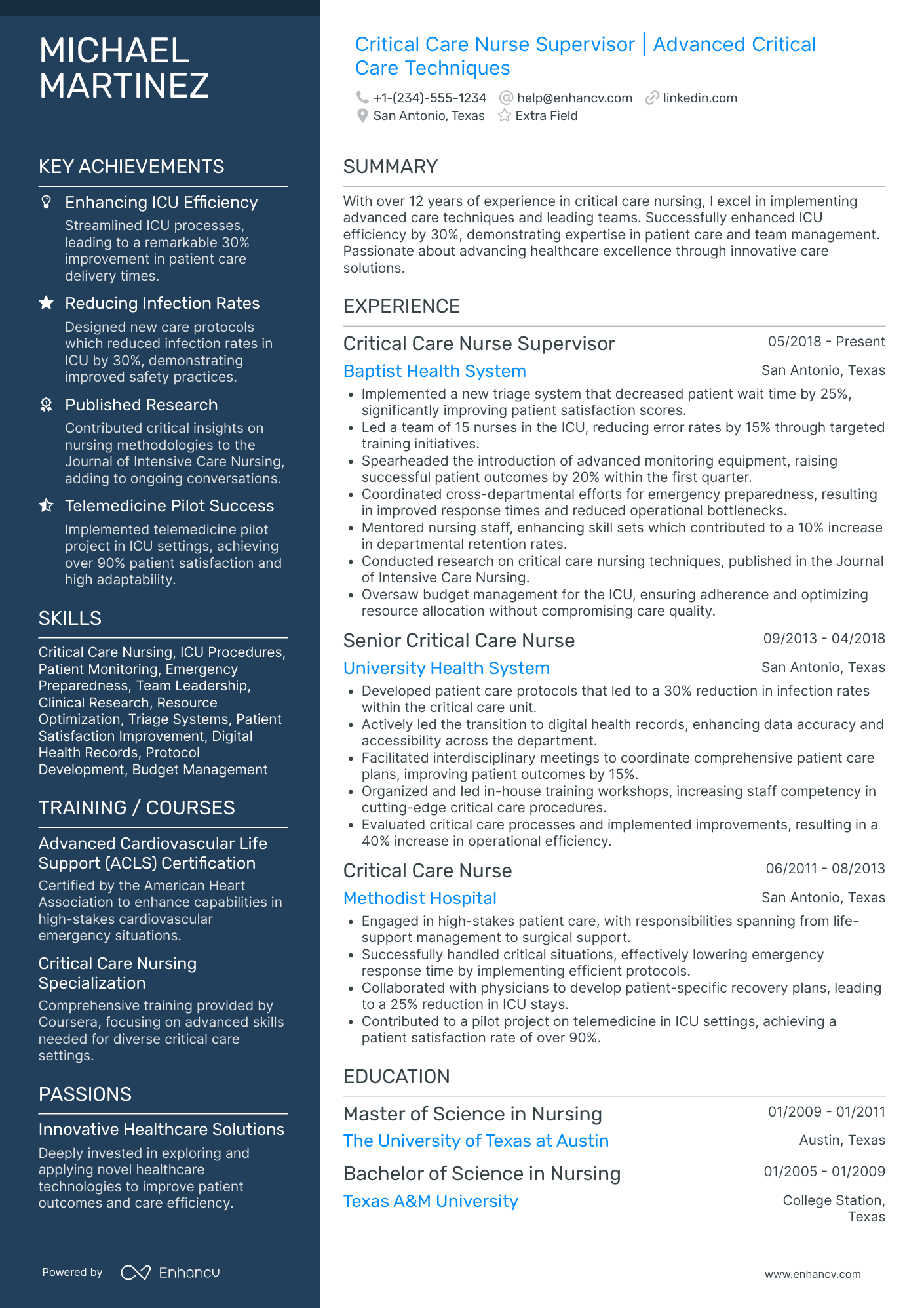 Critical Care Nurse Supervisor Resume Example