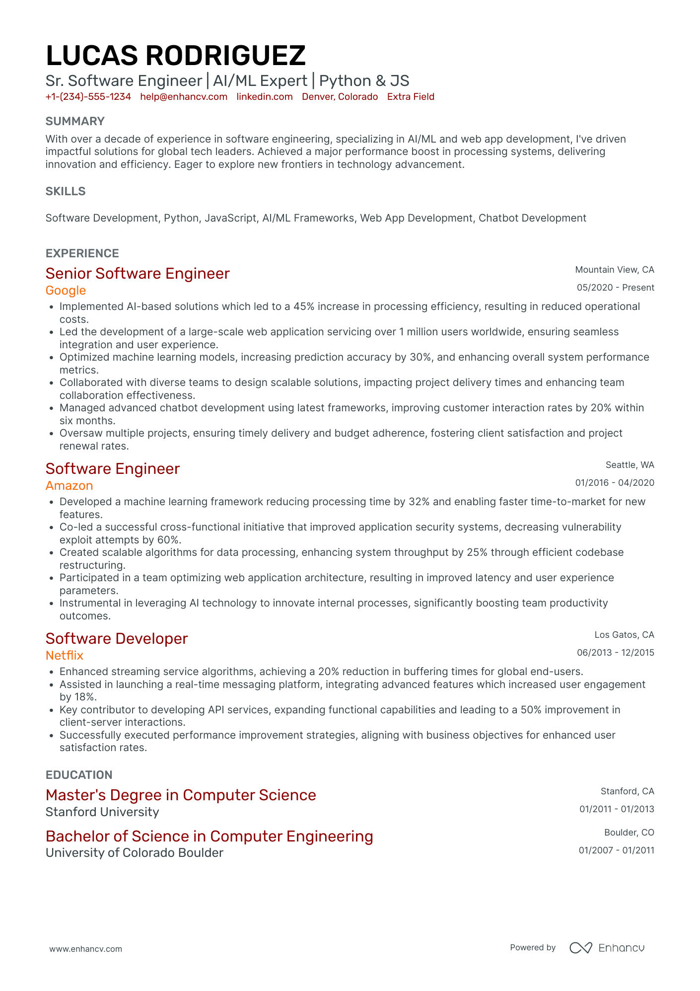 Silicon Valley AI Engineer Resume Example