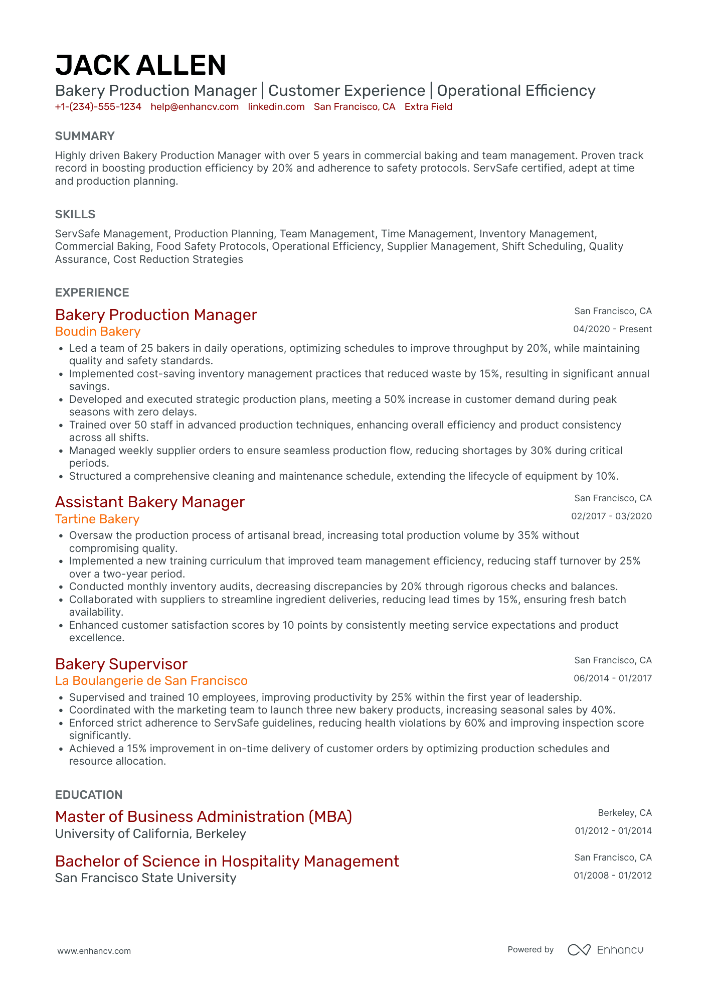 Bakery Production Manager Resume Example