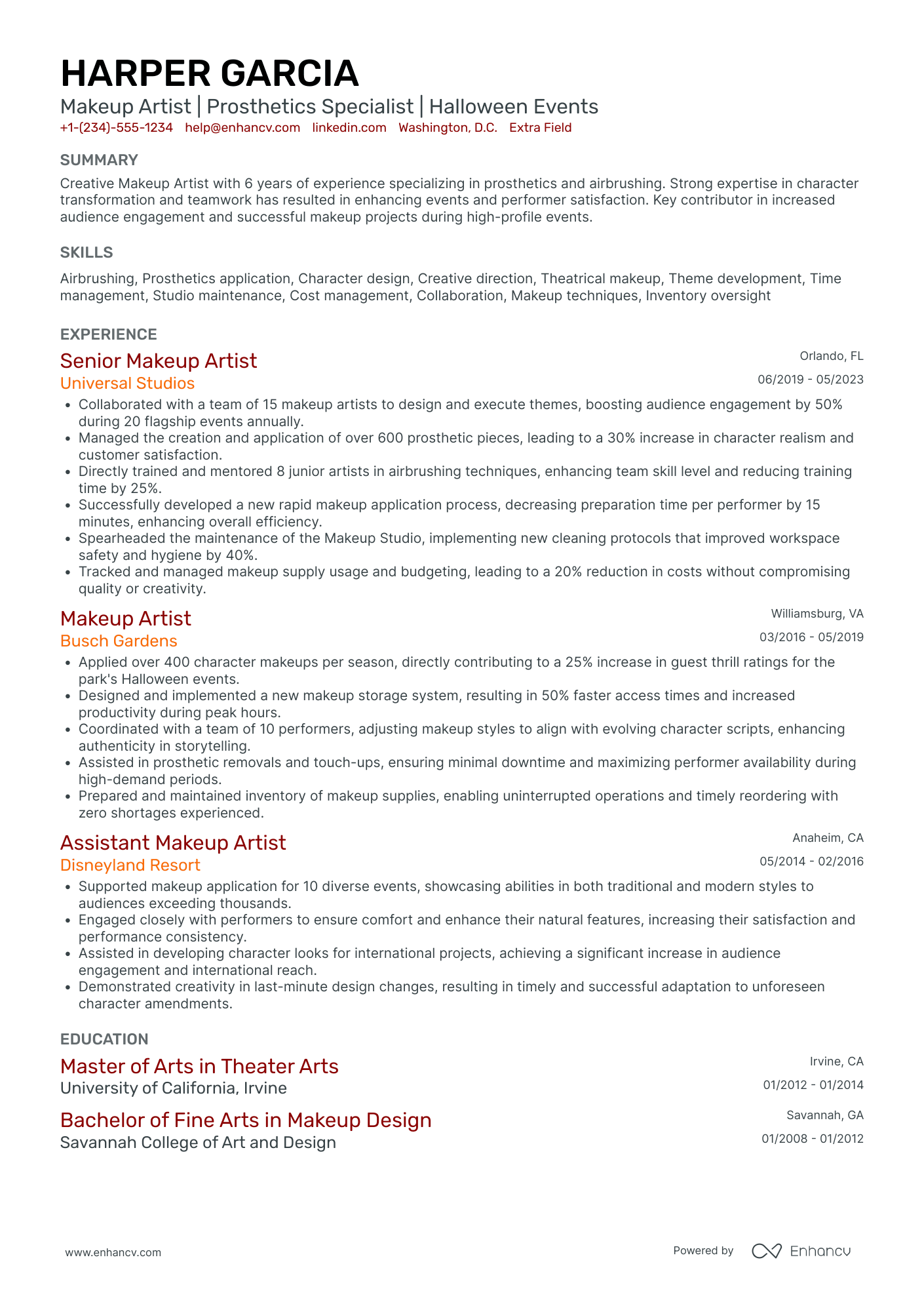 Senior Makeup Artist Resume Example