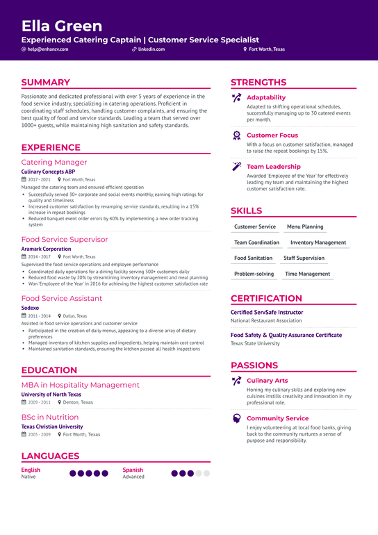 Catering Captain Resume Example