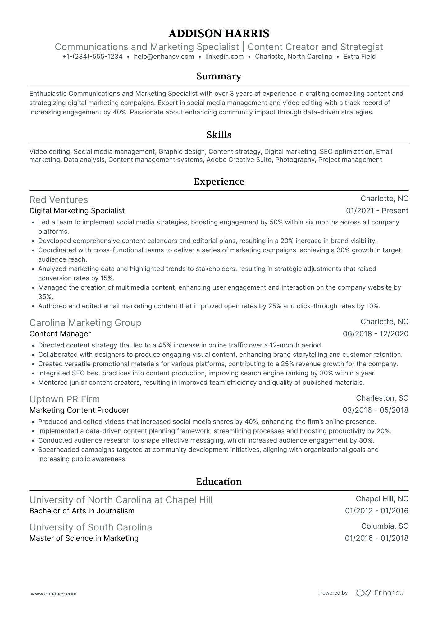 Digital Marketing Content Creator Resume Example