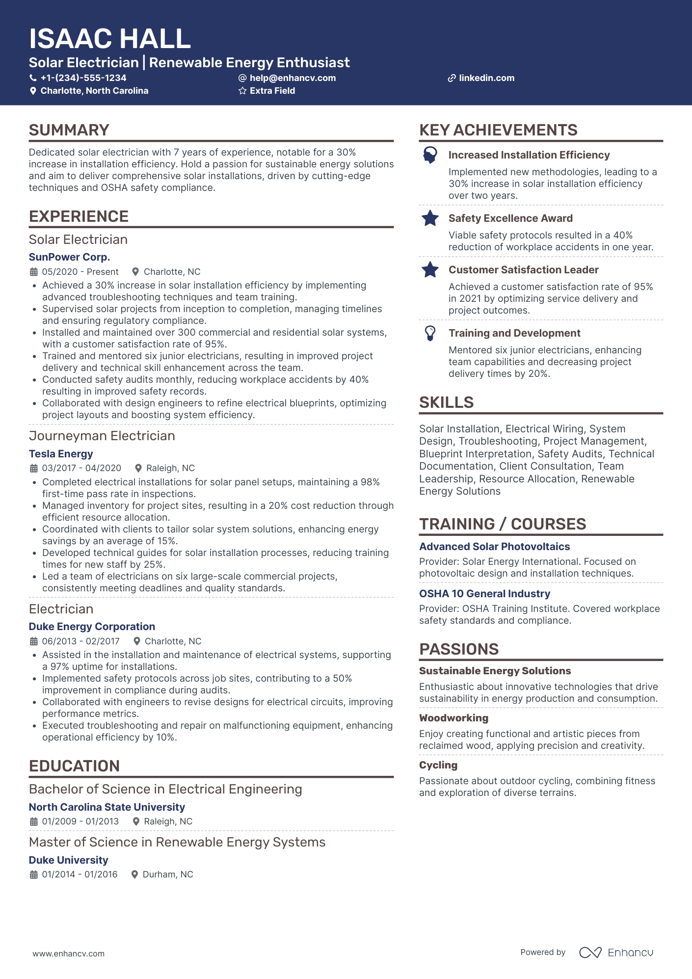 Solar Electrician Resume Example