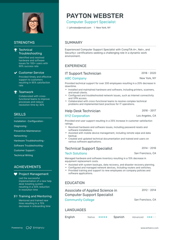 Computer Support Specialist Resume Example