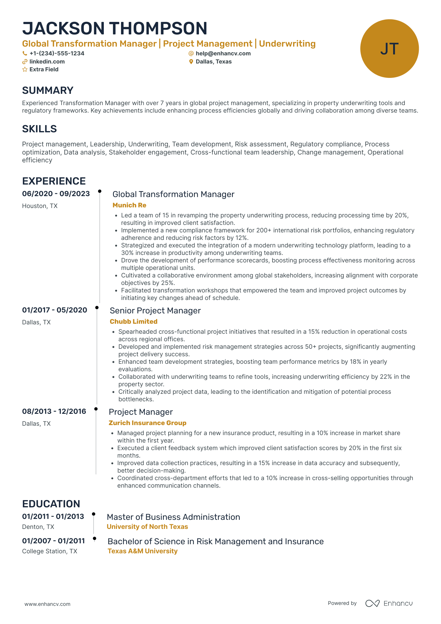 Property Risk Manager Resume Example