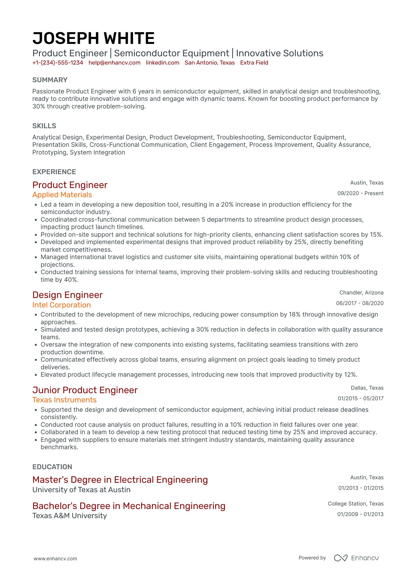 Product Hardware Engineer Resume Example