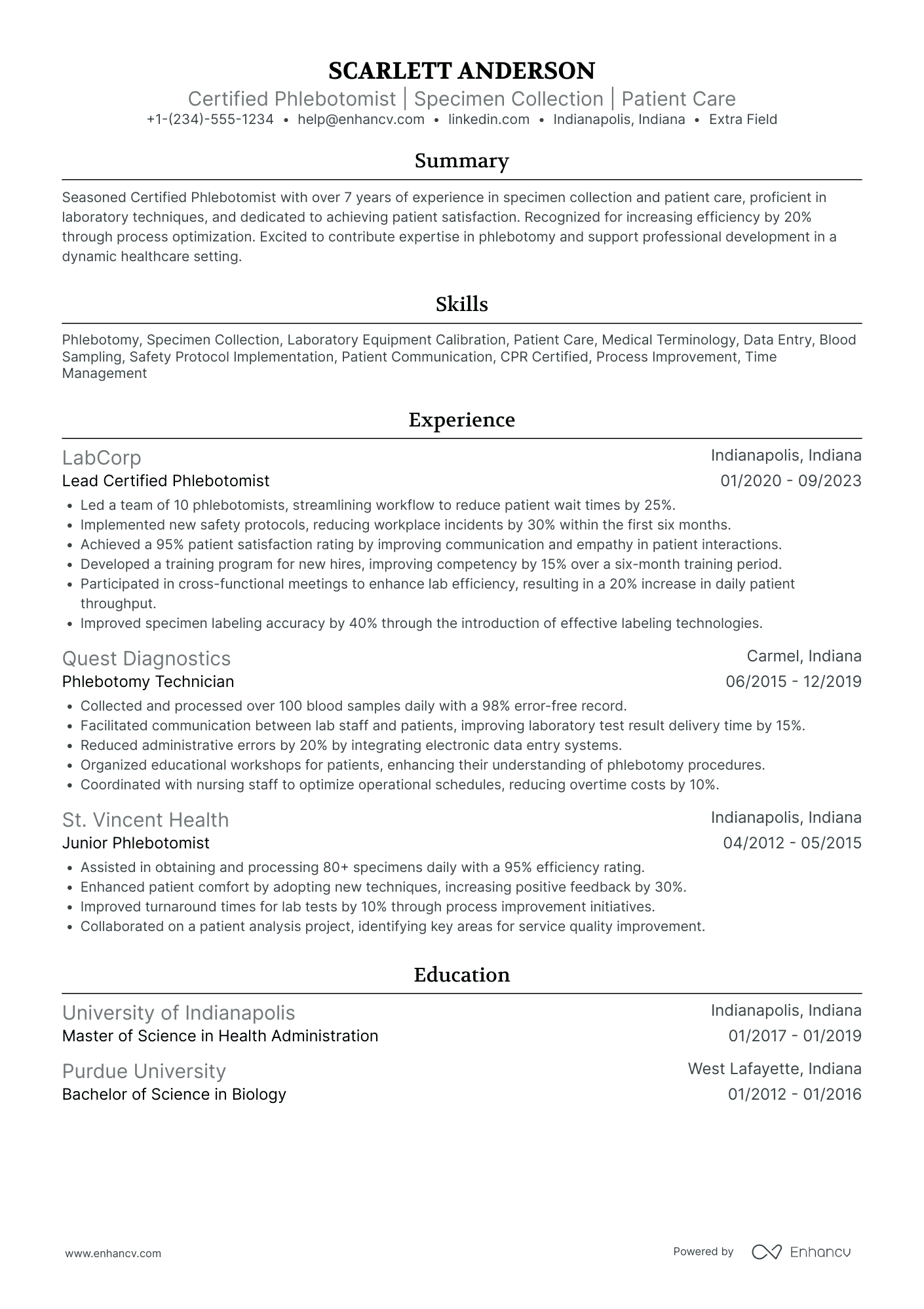 Certified Phlebotomist Resume Example