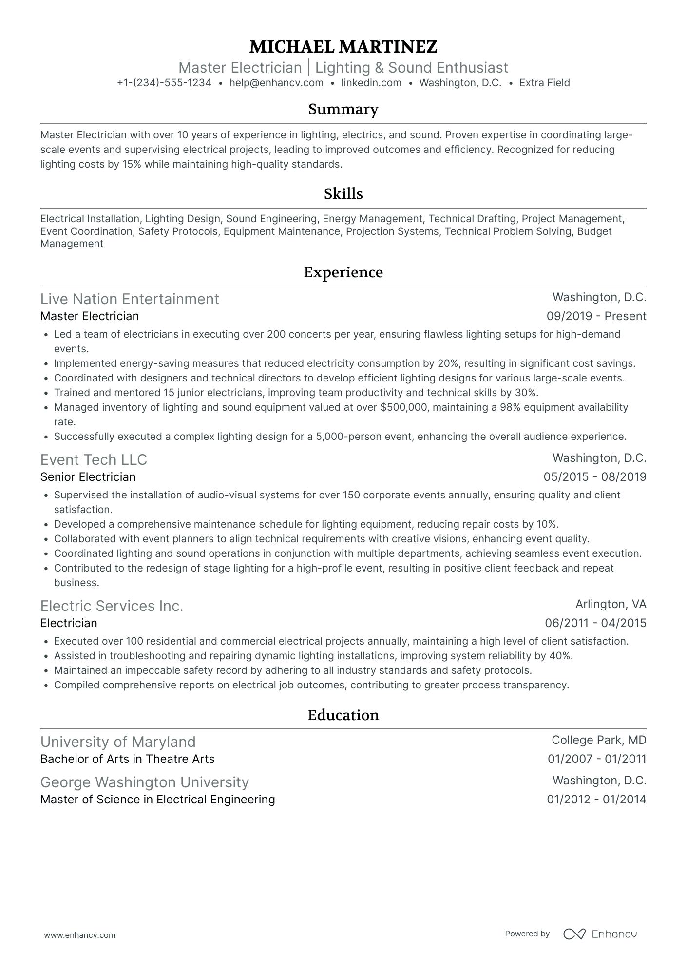 Master Electrician Resume Example