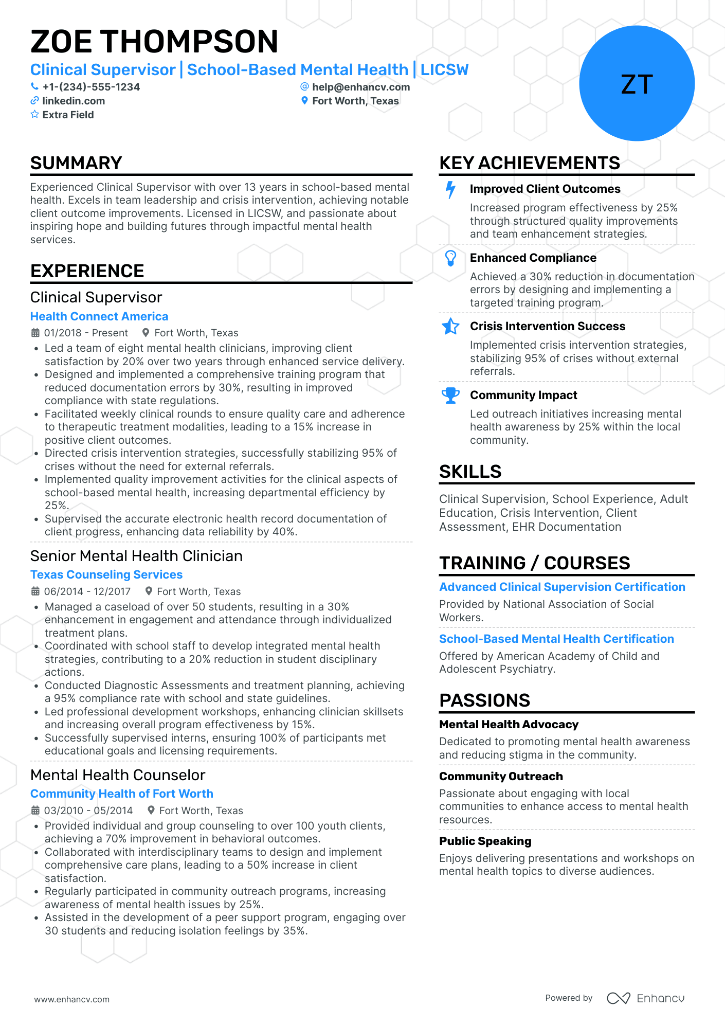 Grad School Clinical Supervisor Resume Example