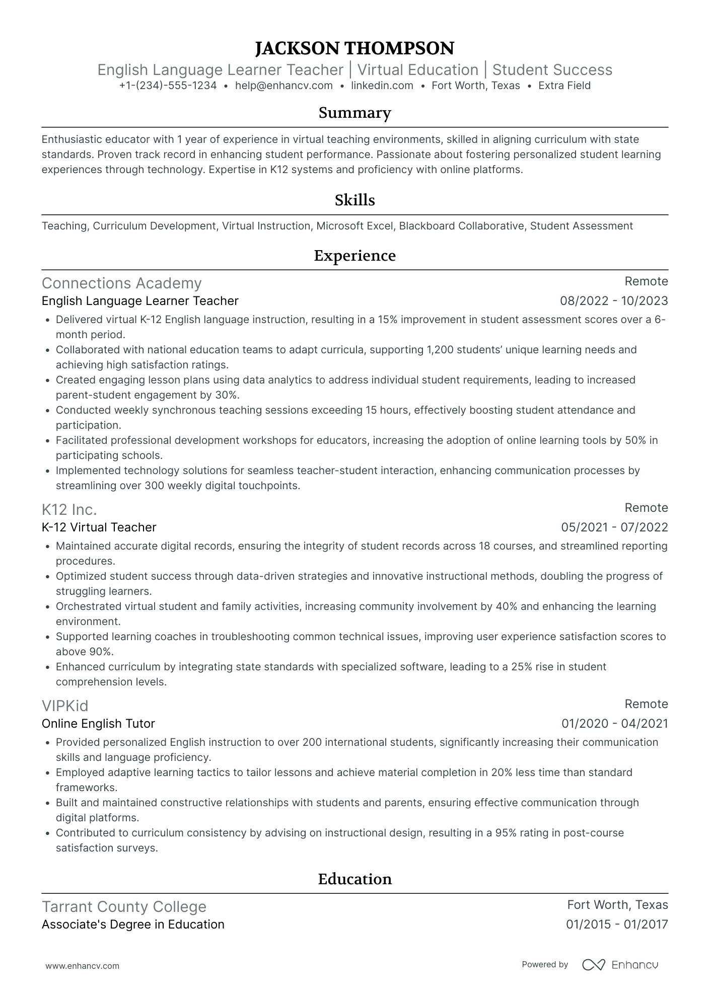 Online English Language Teacher Resume Example