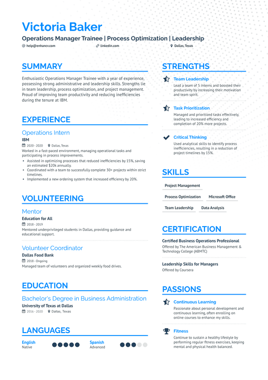 Operations Manager Trainee Resume Example