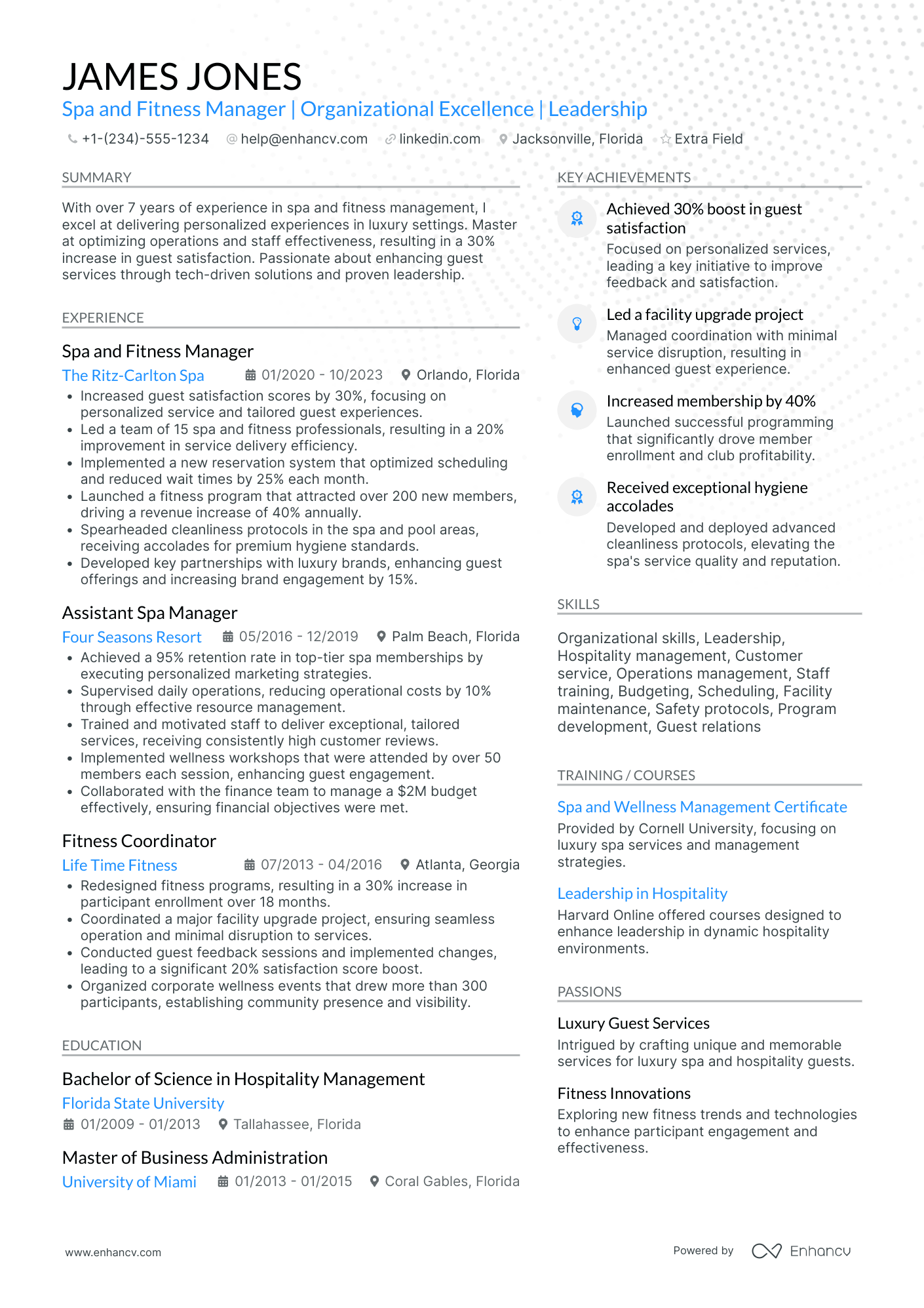 Fitness and Spa Manager Resume Example