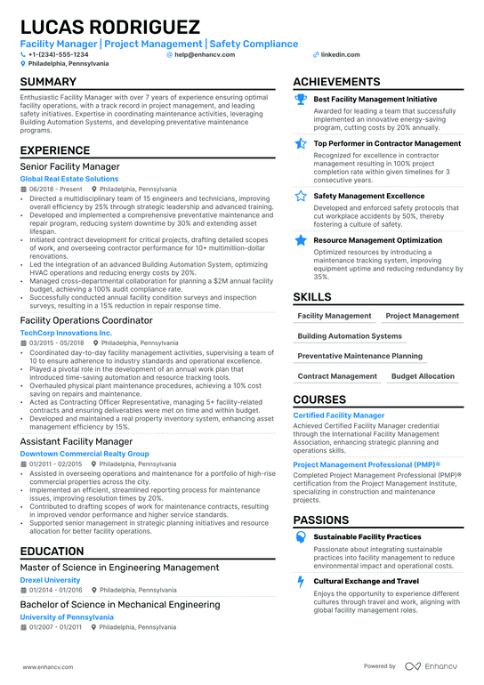 Facility Manager Resume Example