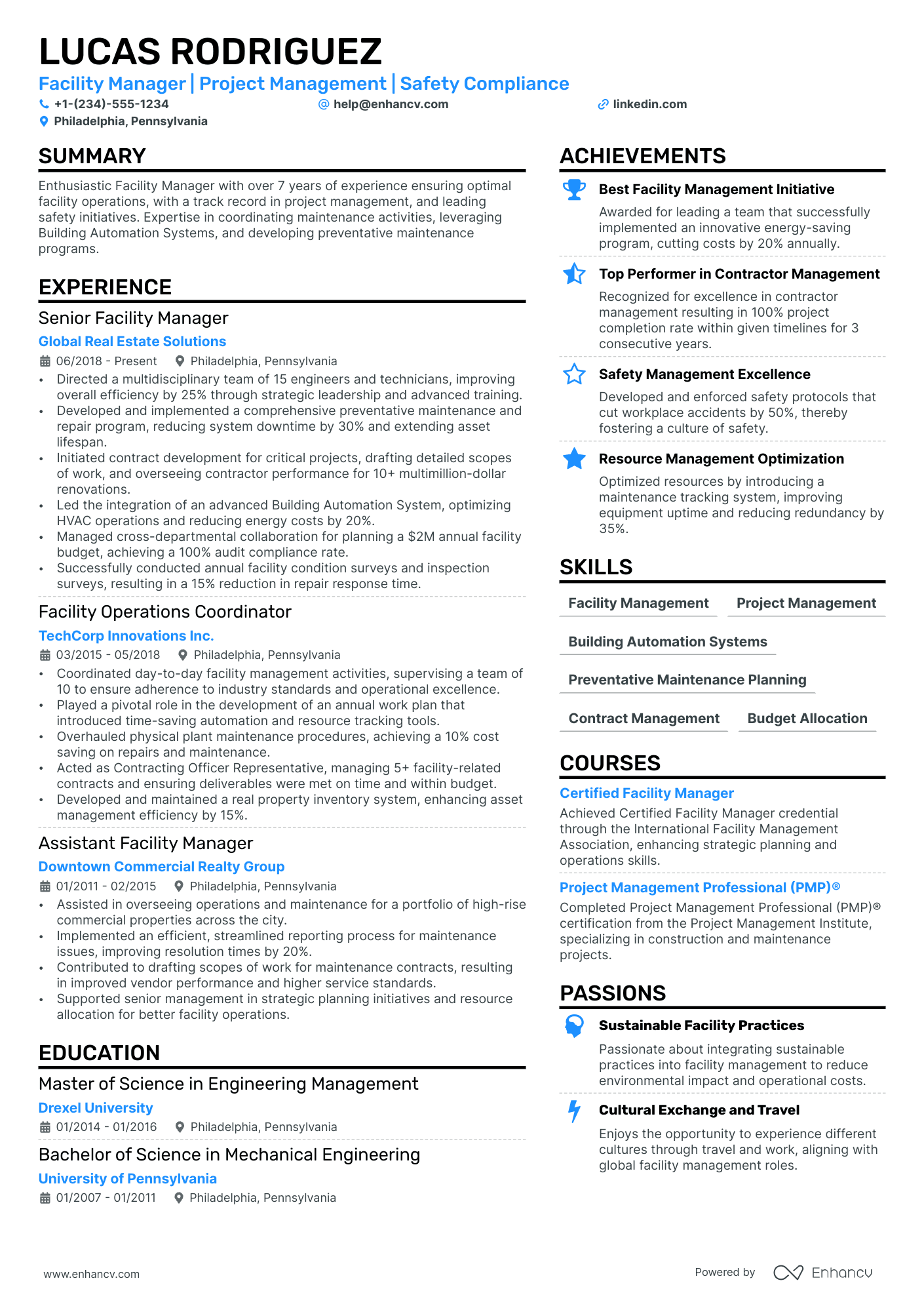 Facility Manager Resume Example