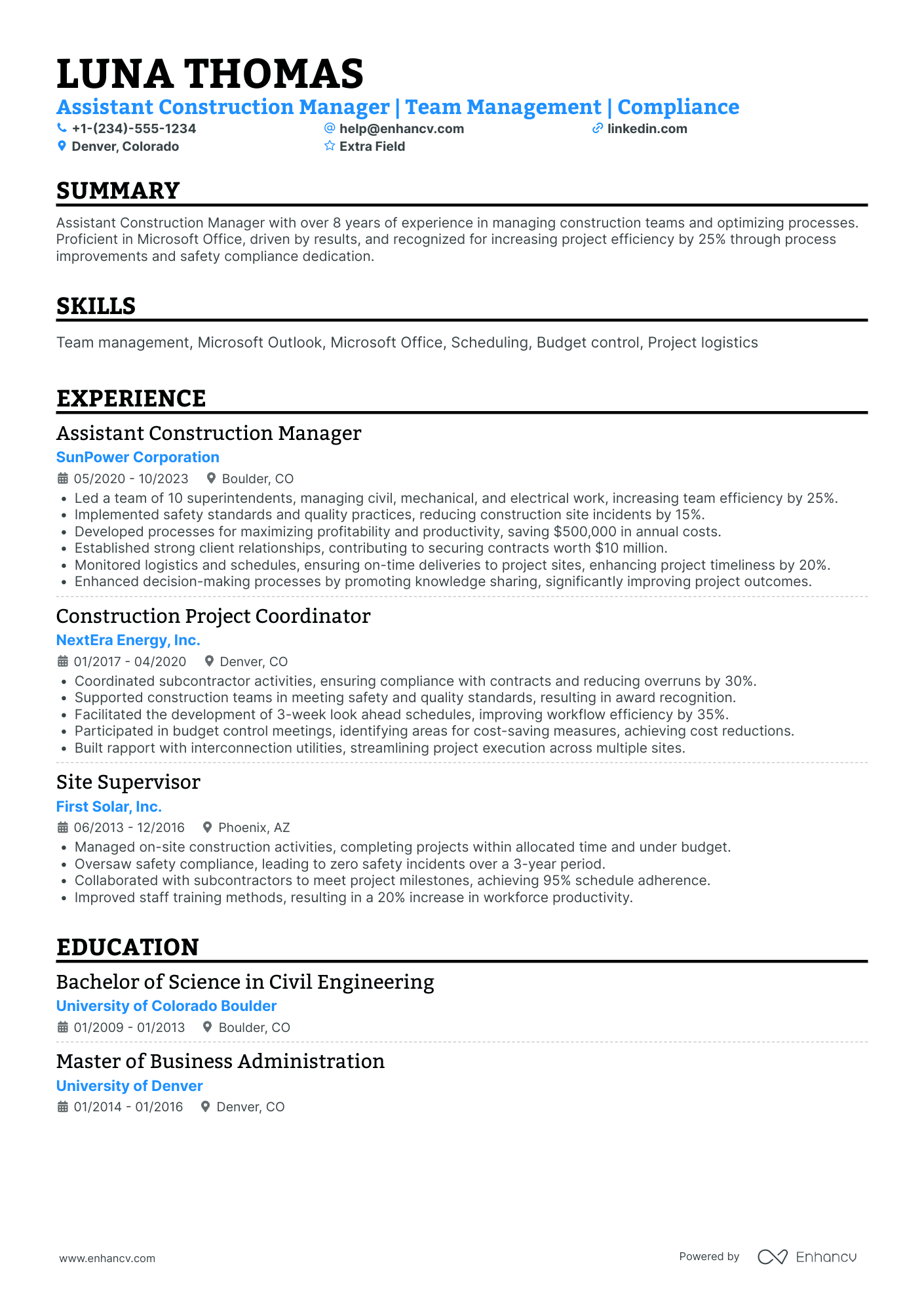 Senior Construction Project Manager Resume Example