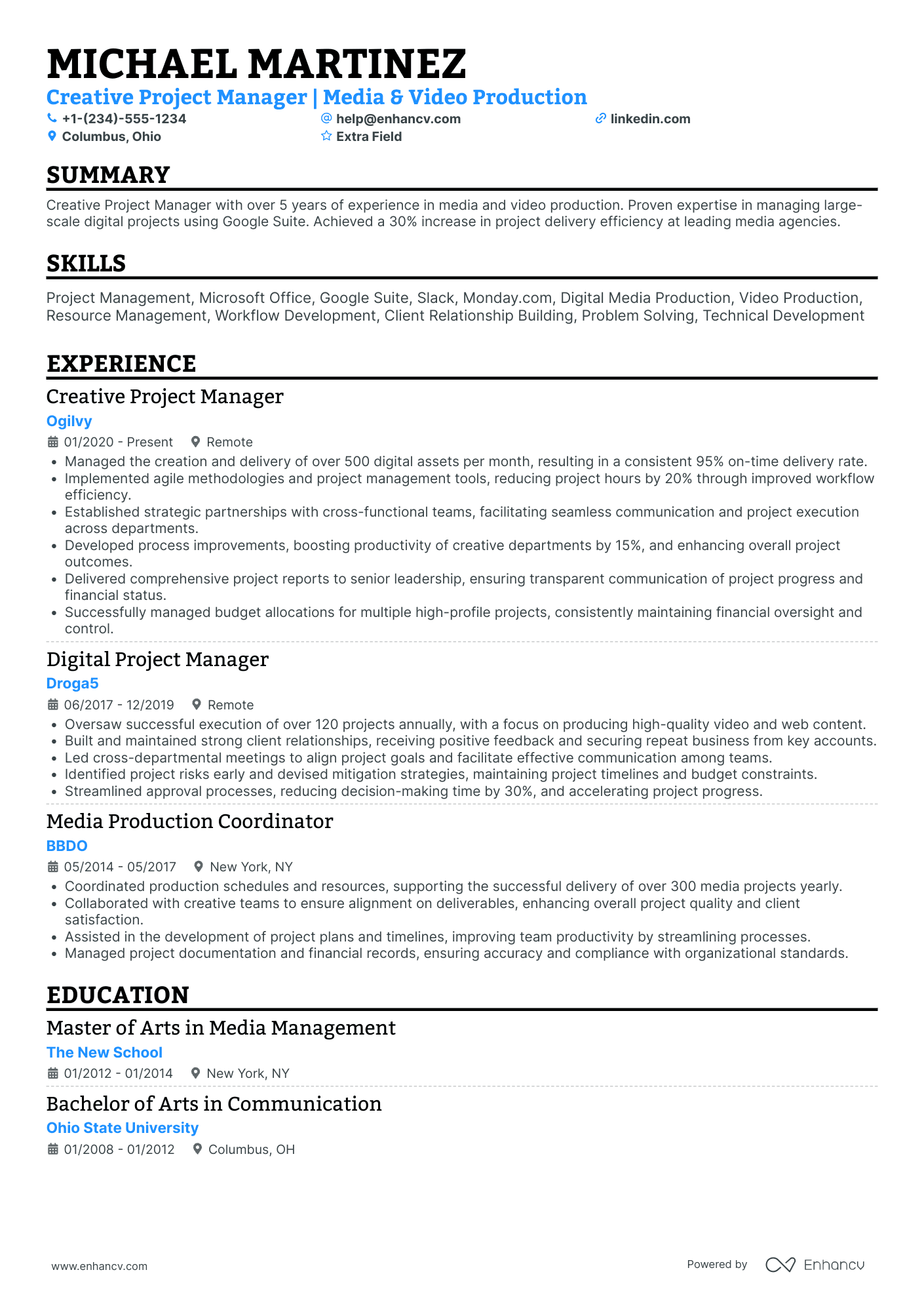 Freelance Creative Project Manager Resume Example