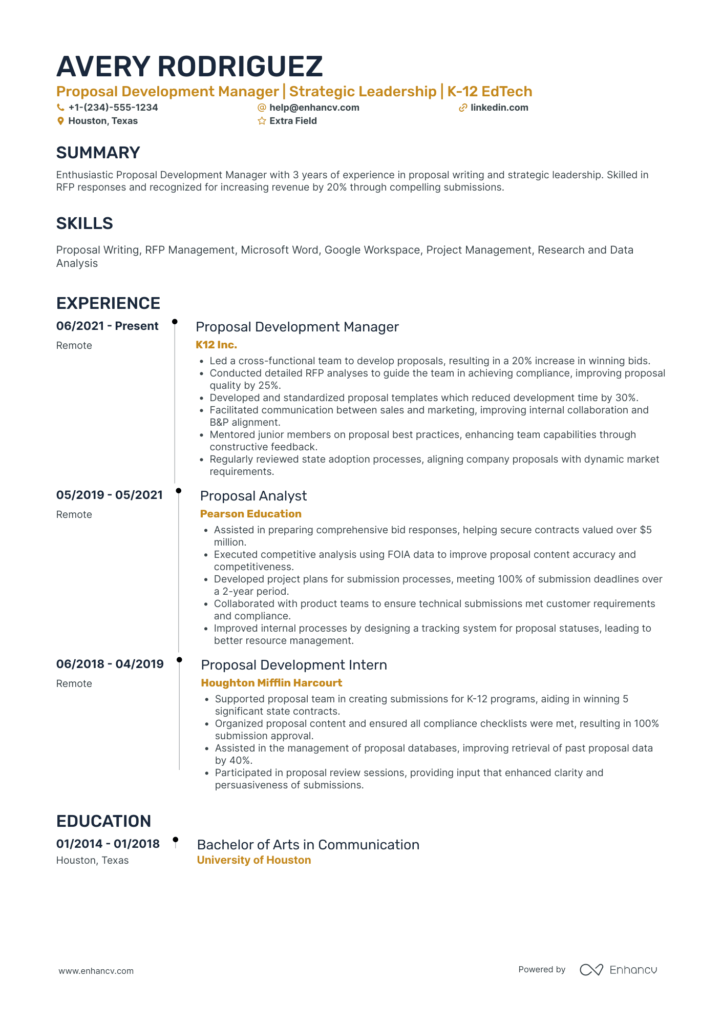 Junior Bid Manager Resume Example