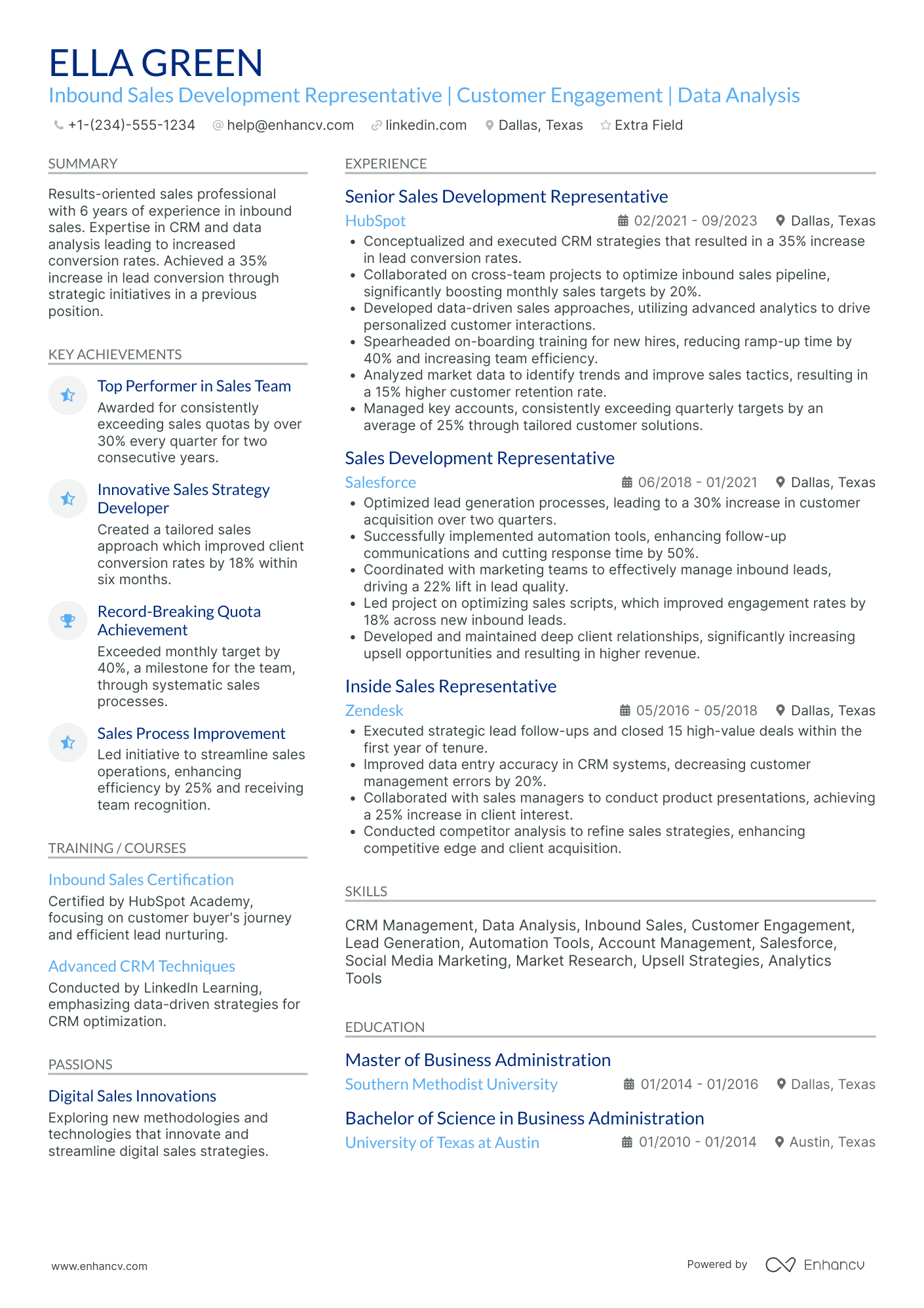 Inbound Sales Development Representative Resume Example