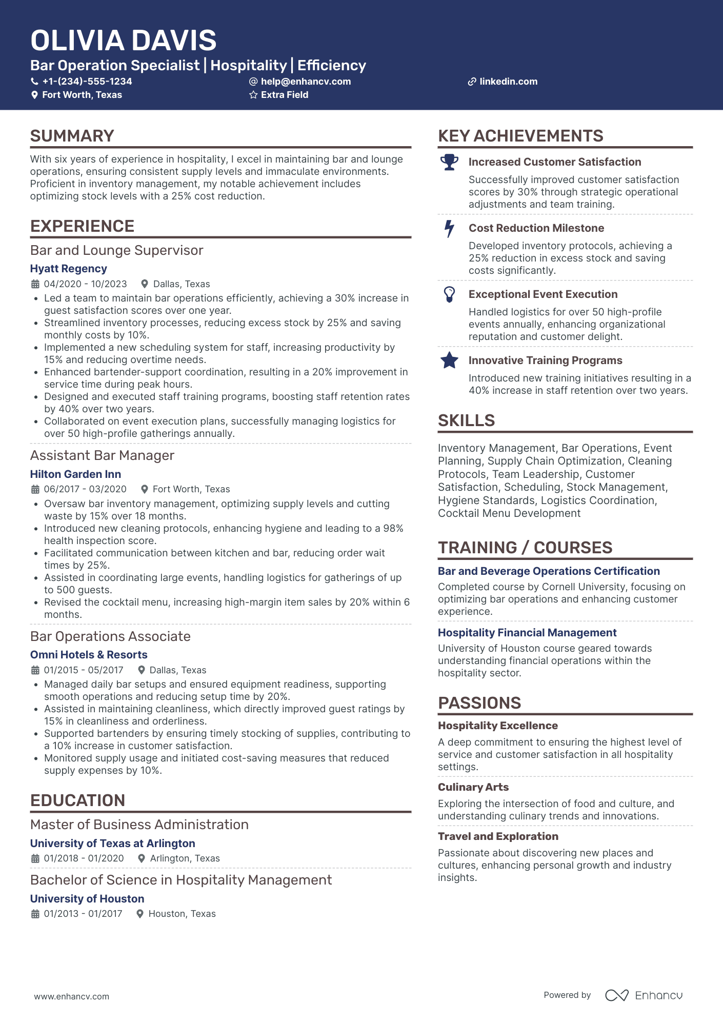 Experienced Barback Resume Example