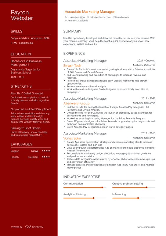 Associate Marketing Manager Resume Example
