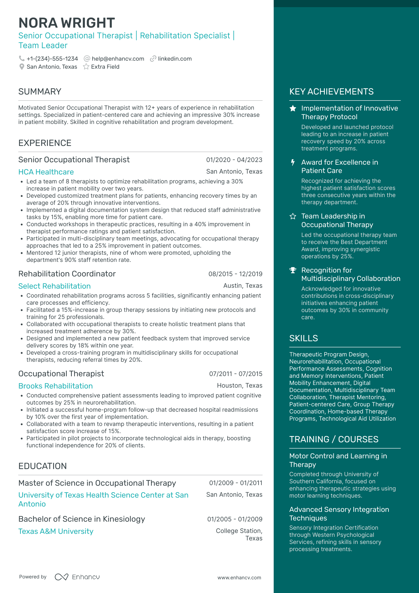 Senior Occupational Therapist Resume Example