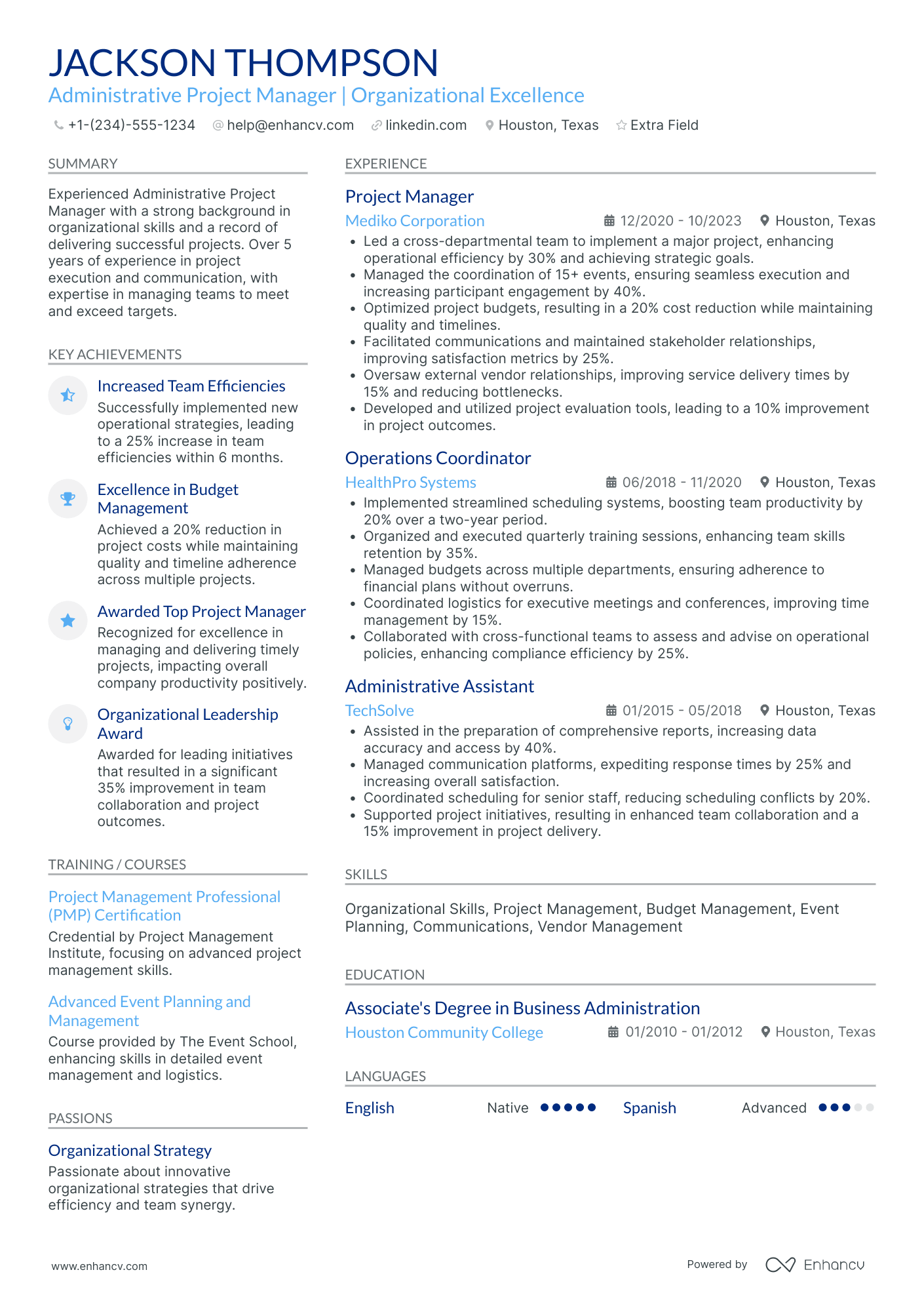 Administrative Project Manager Resume Example