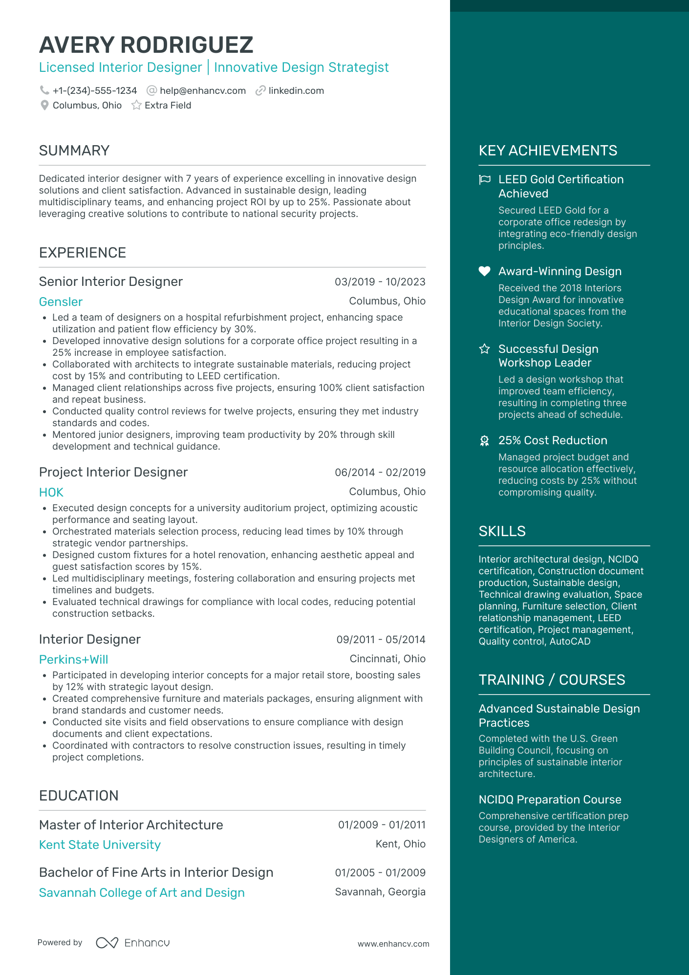 Interior Design Architect Resume Example