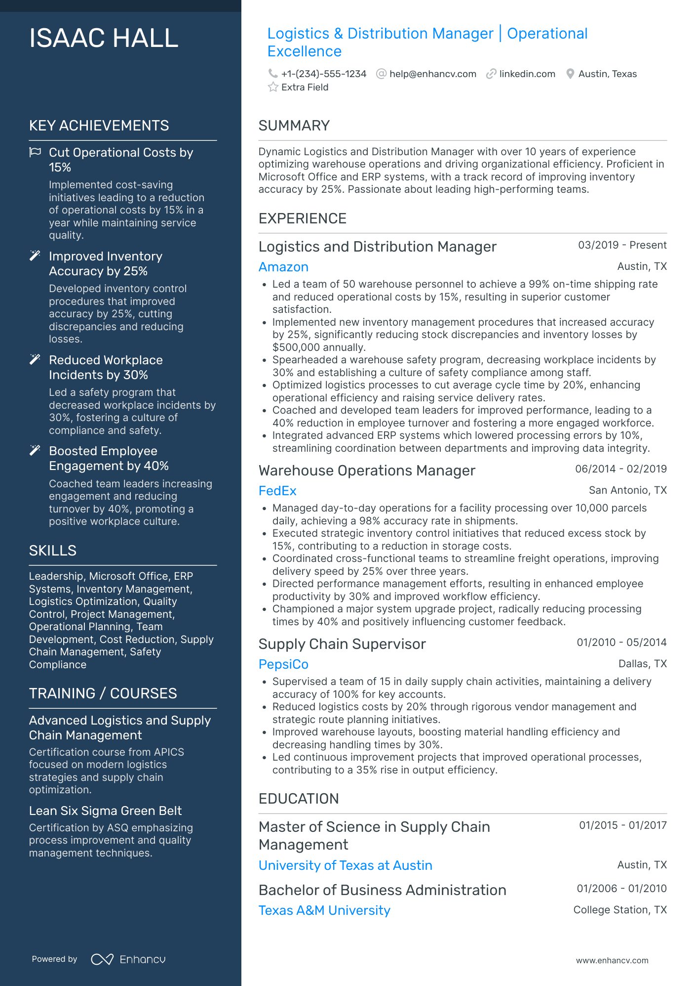 Factory Logistics Manager Resume Example