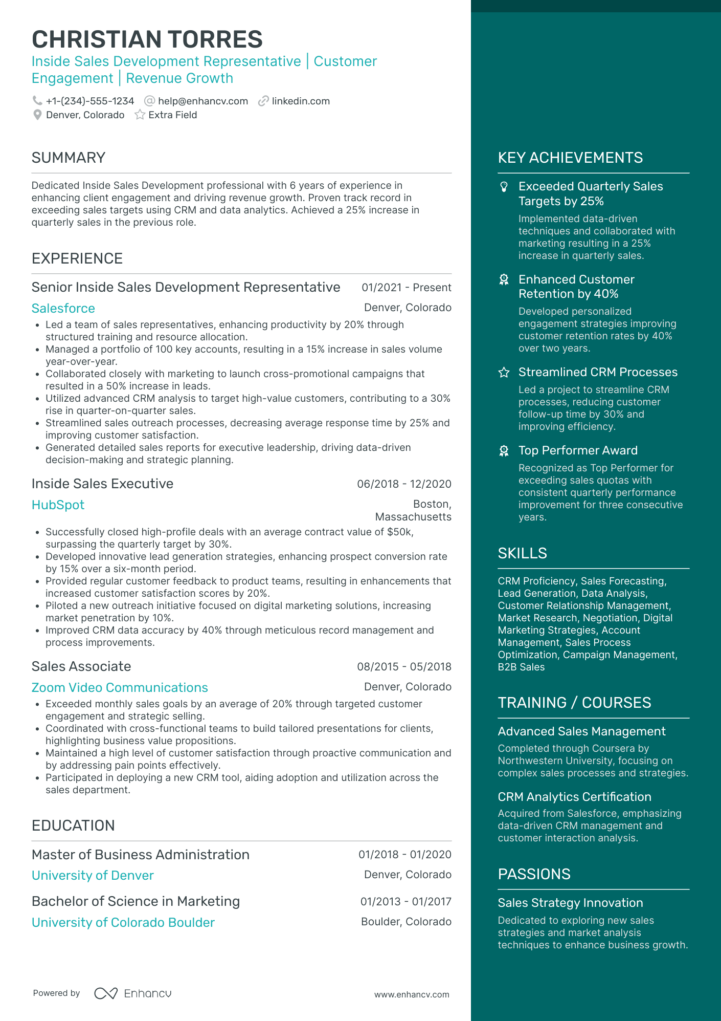 Inside Sales Development Representative Resume Example