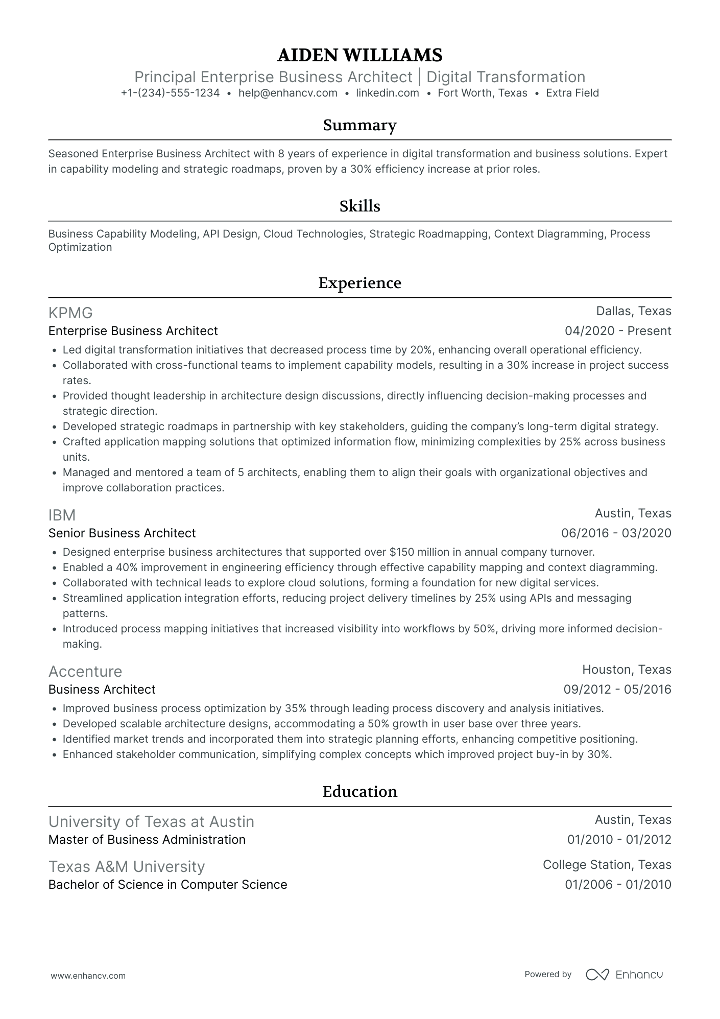 Enterprise Business Architect Resume Example