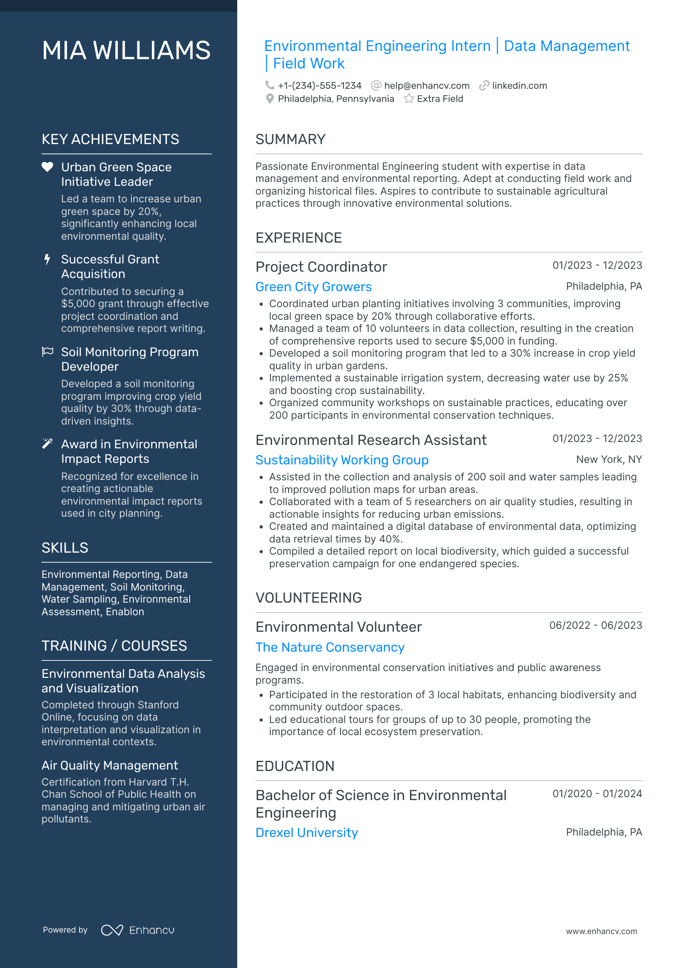 Environmental Engineering Intern Resume Example