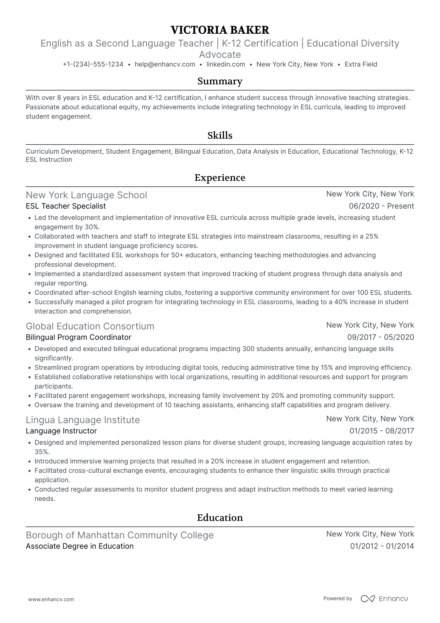 English as a Second Language Teacher Resume Example