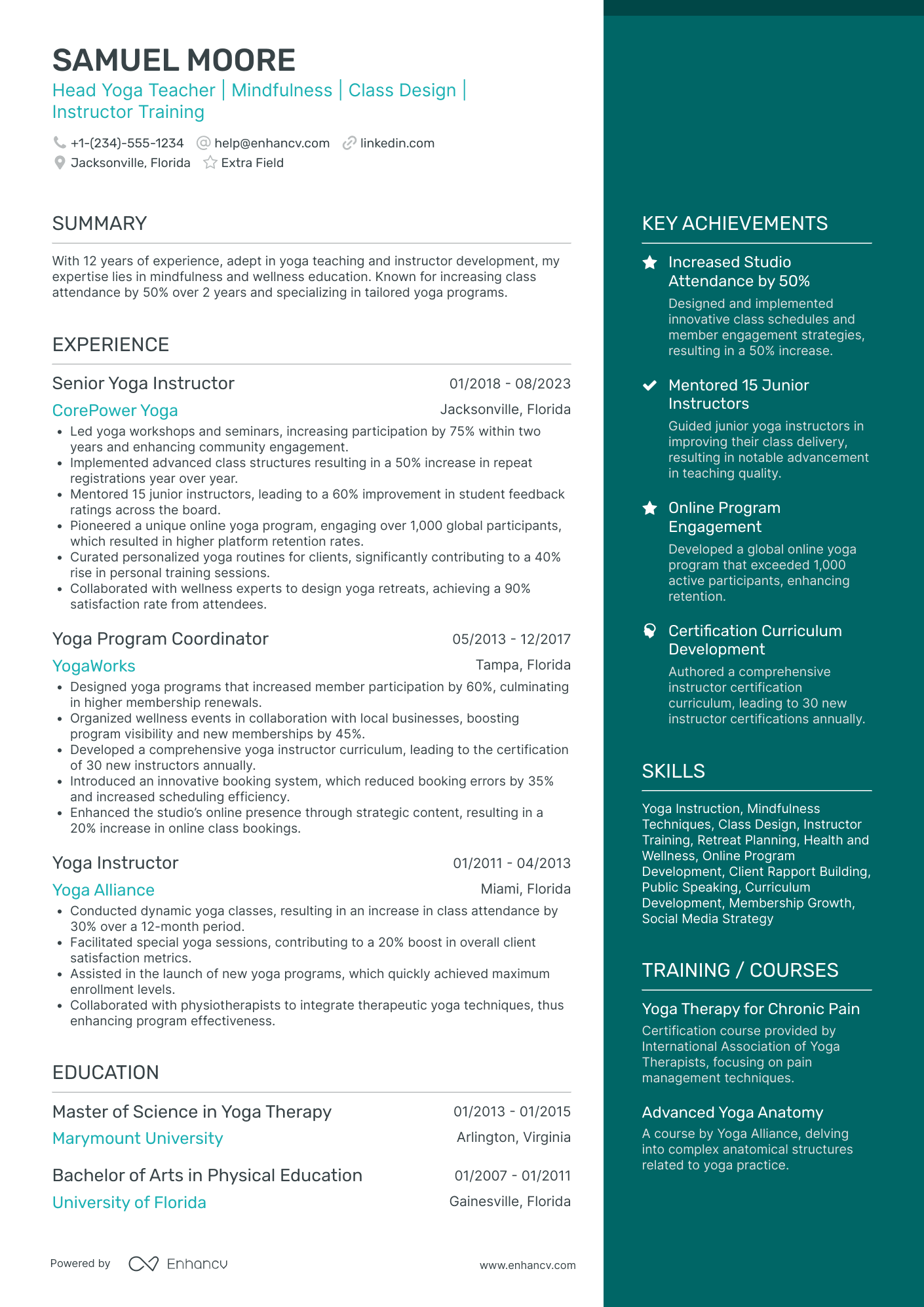 Head Yoga Teacher Resume Example