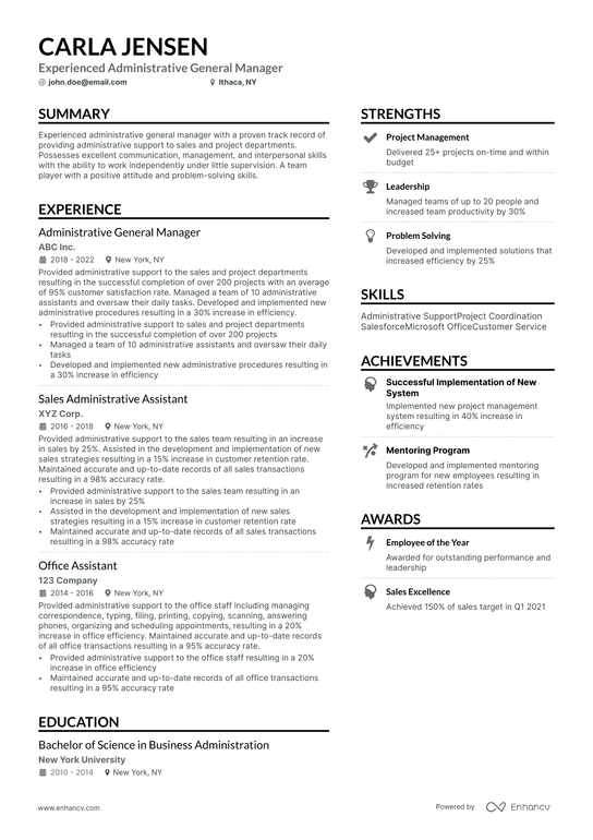 Administrative General Manager Resume Example