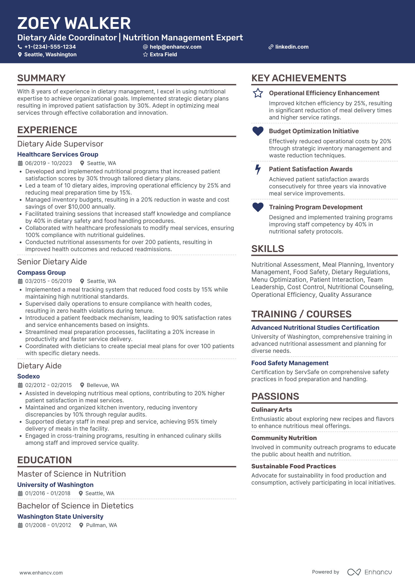 Dietary Aide Coordinator Resume Example