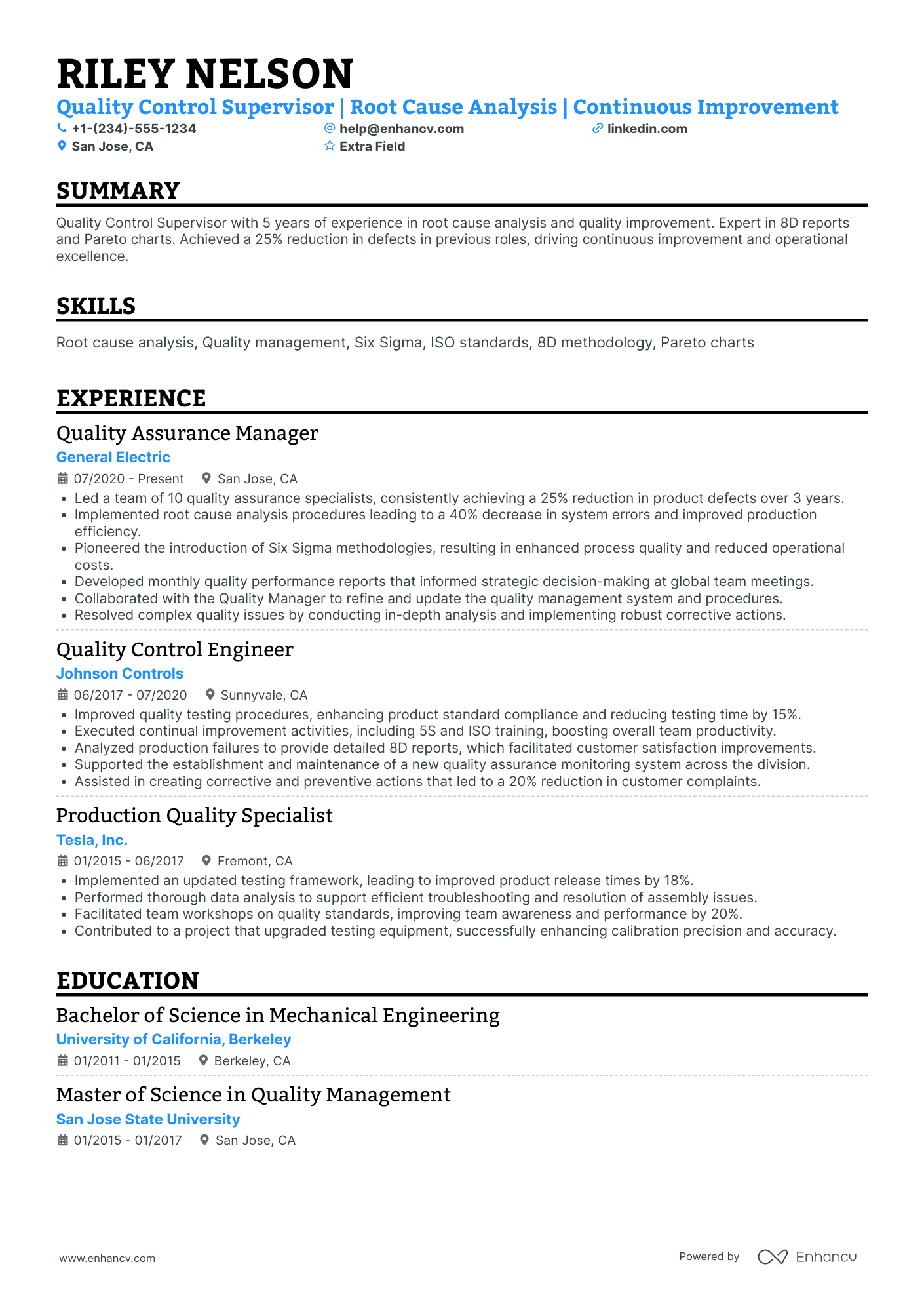 Quality Control Supervisor Resume Example