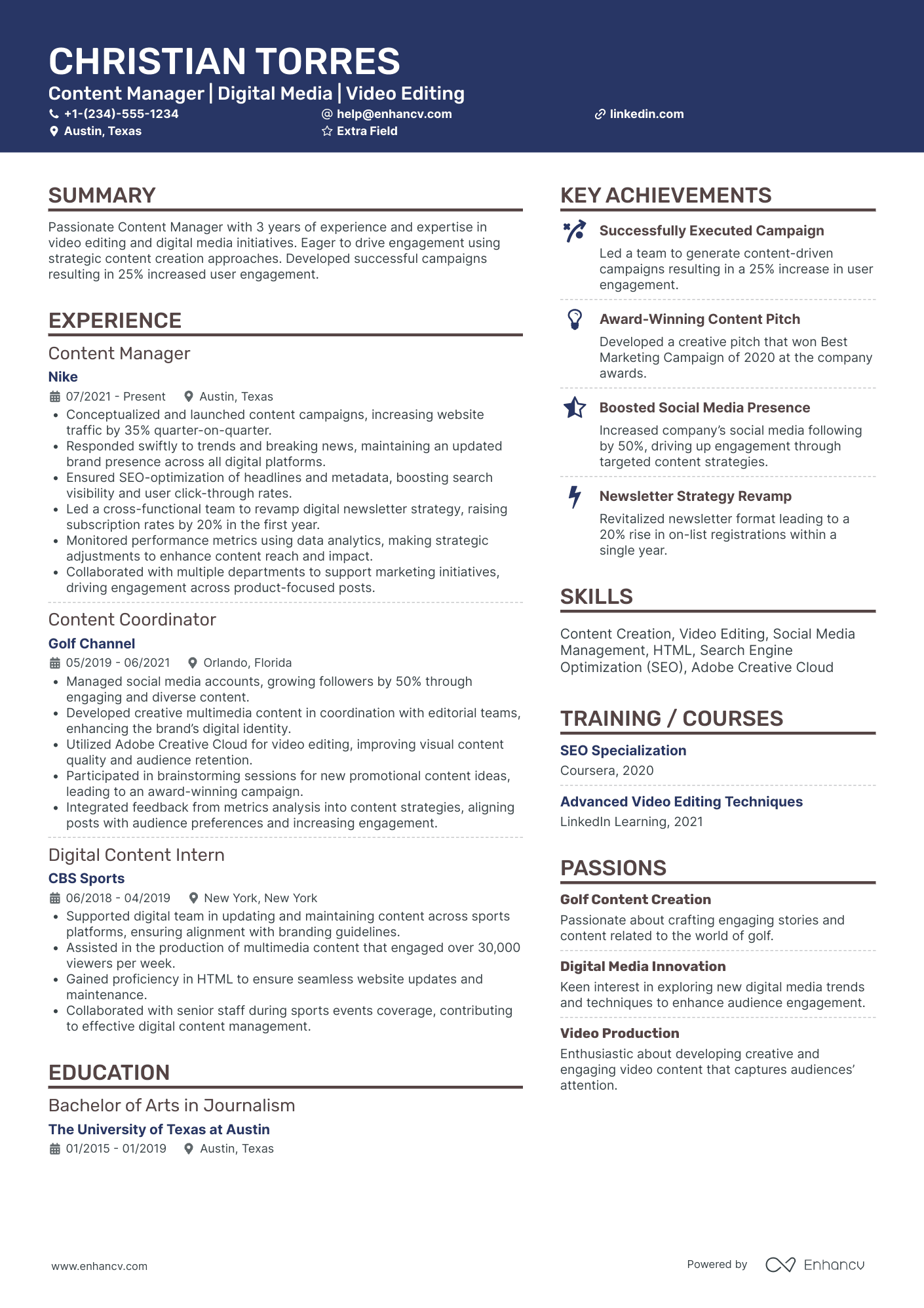 Junior Content Manager Resume Example