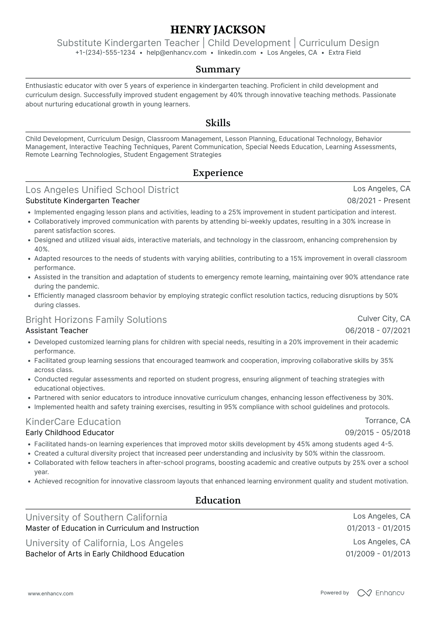 Substitute Kindergarten Teacher Resume Example