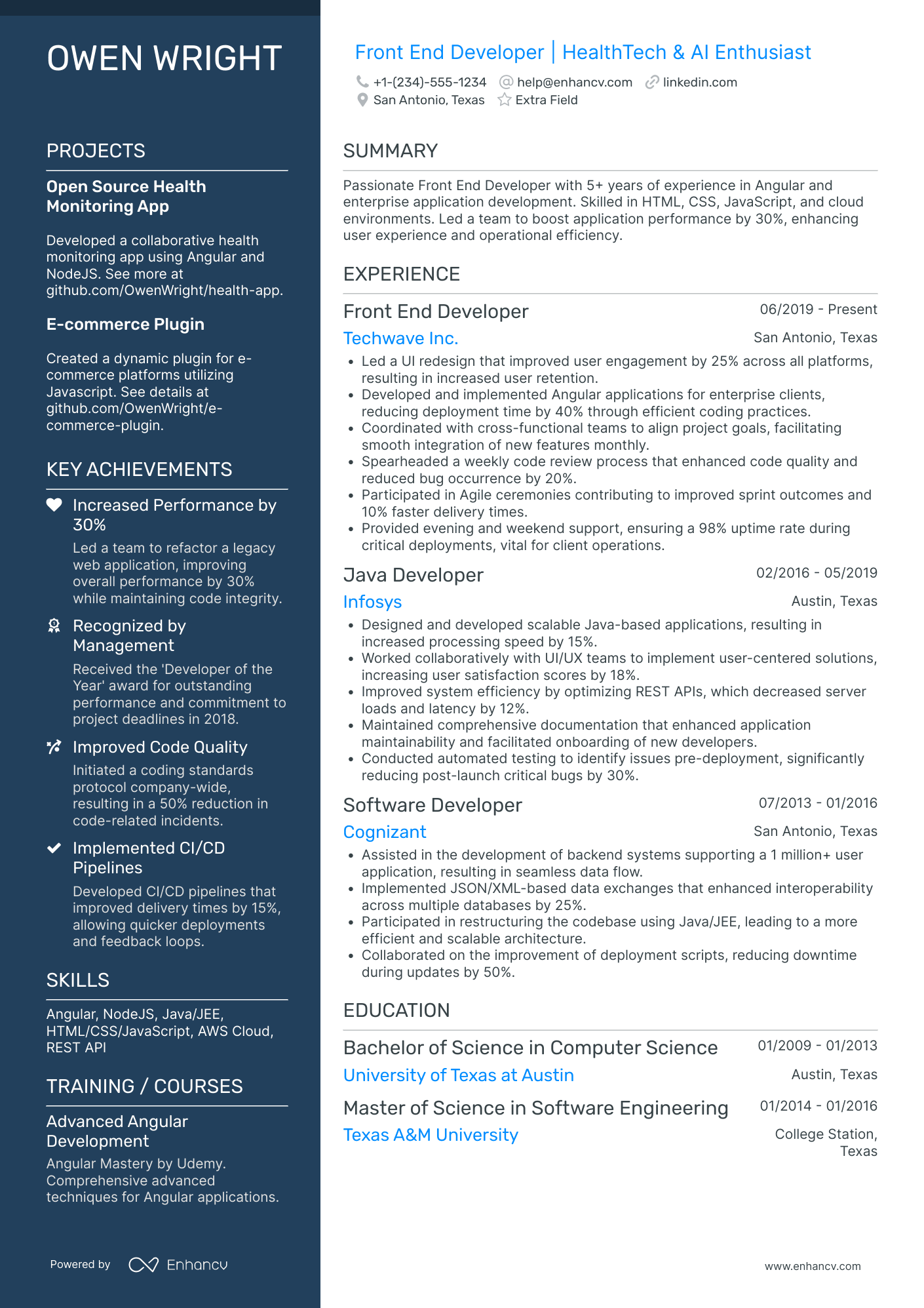 Front End Game Developer Resume Example