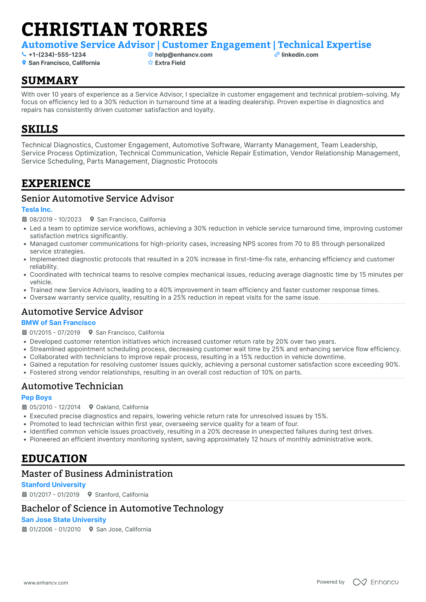 Automotive Service Advisor Resume Example