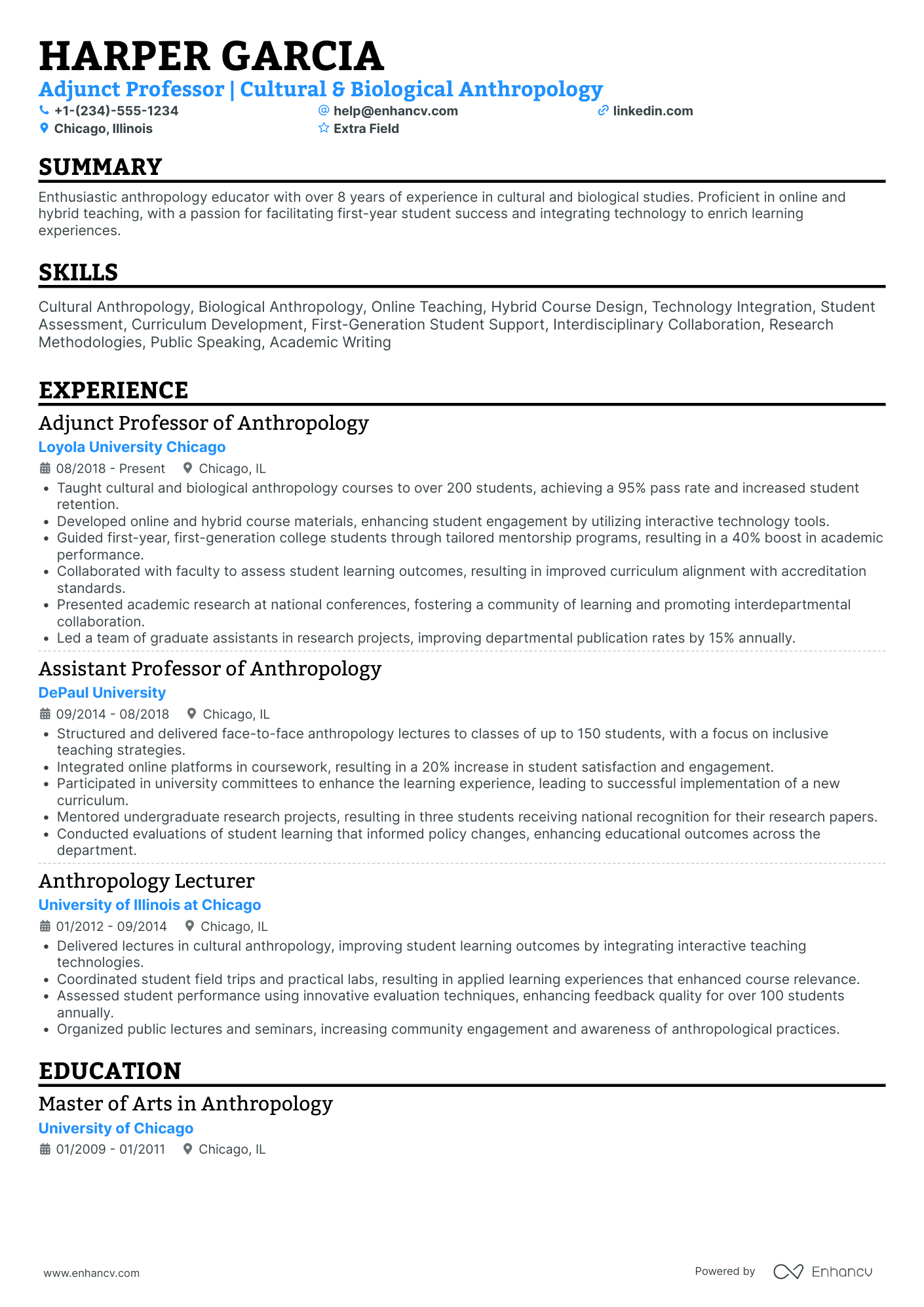 Professor of Anthropology Resume Example