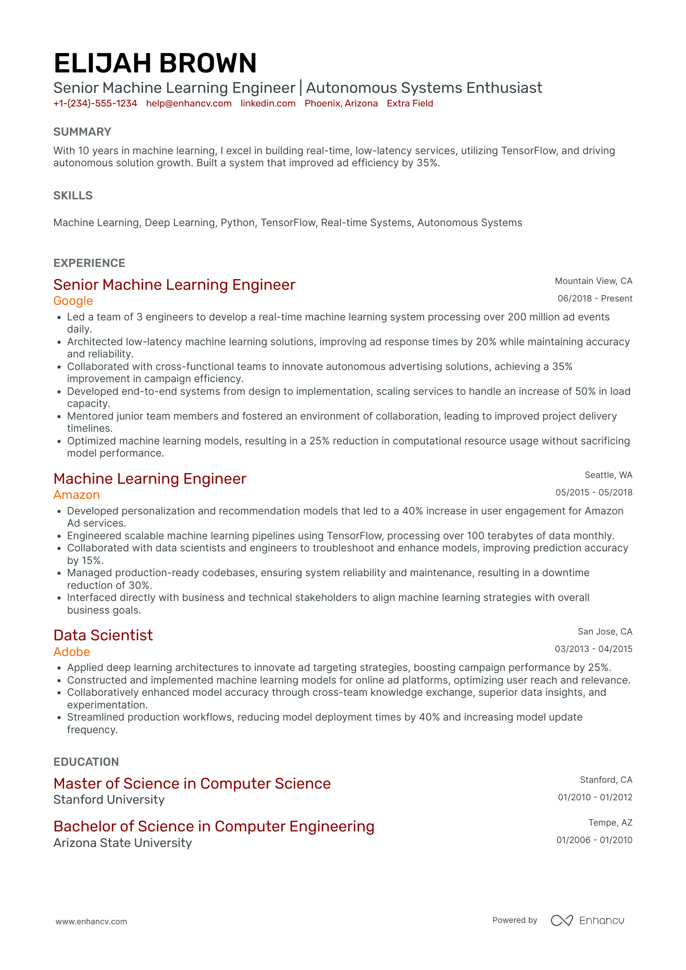 Senior Machine Learning Engineer Resume Example