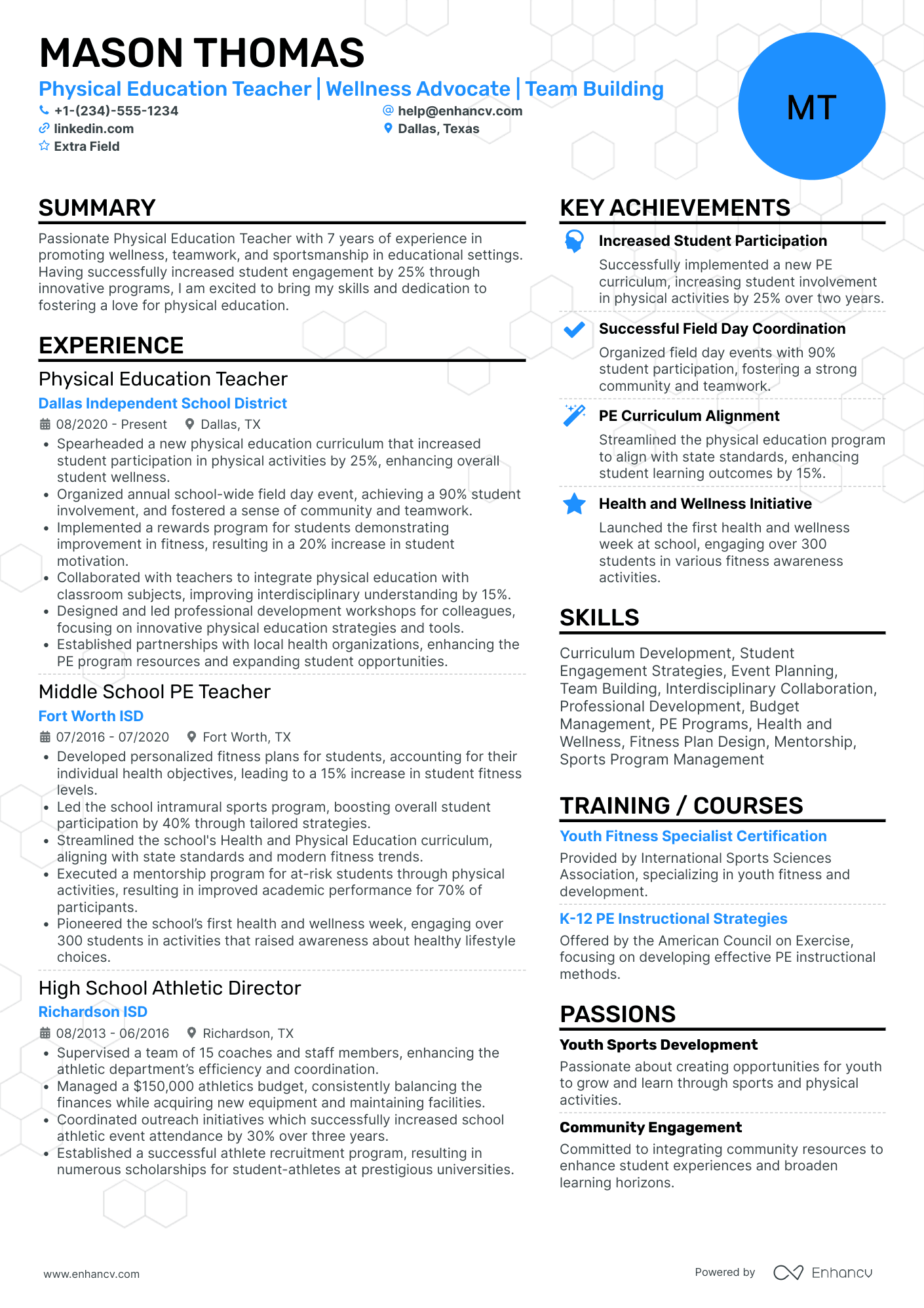 Physical Education Teacher (Entry Level) Resume Example