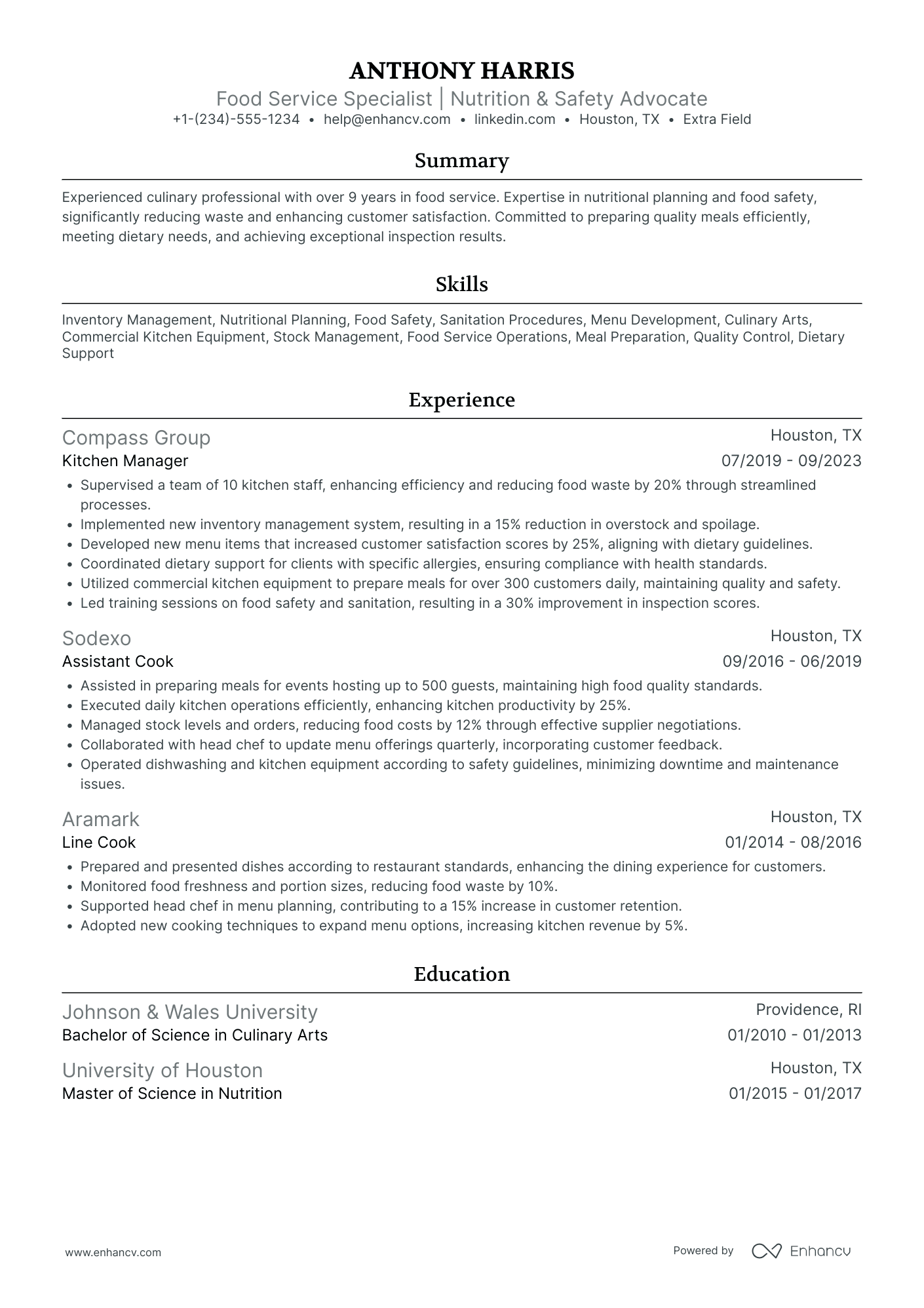 Food Service Orderly Resume Example