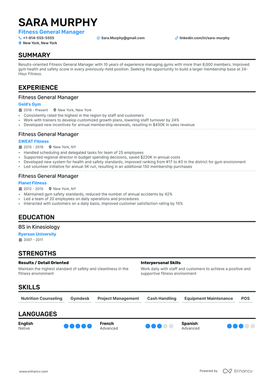 Fitness General Manager Resume Example