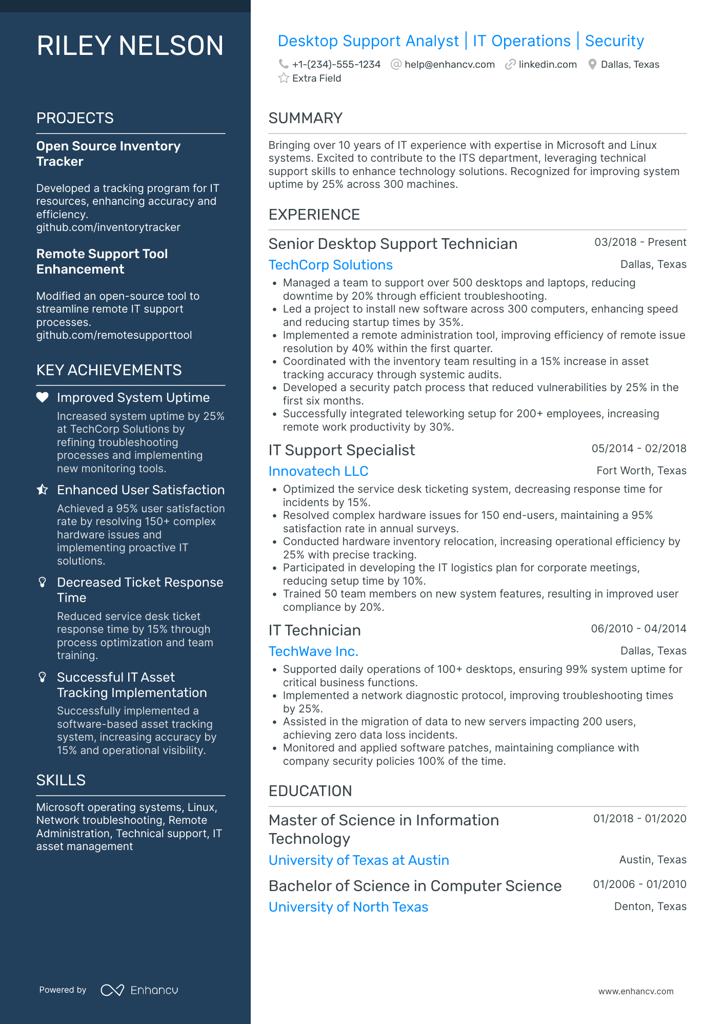 Senior Desktop Support Analyst Resume Example