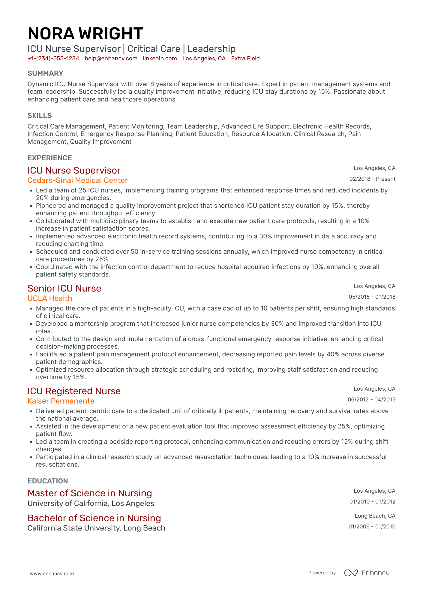 ICU Nurse Supervisor Resume Example