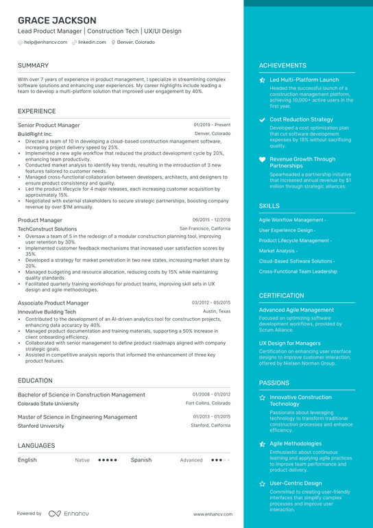 Lead Product Manager Resume Example