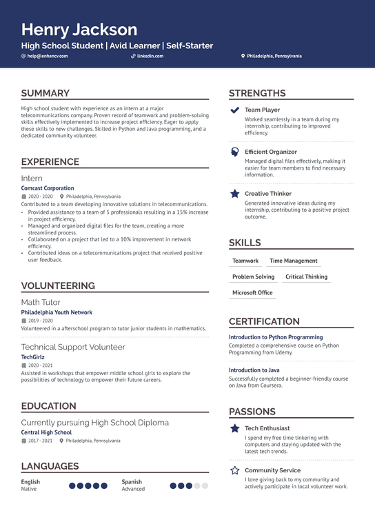 First Job High School Student Resume Example